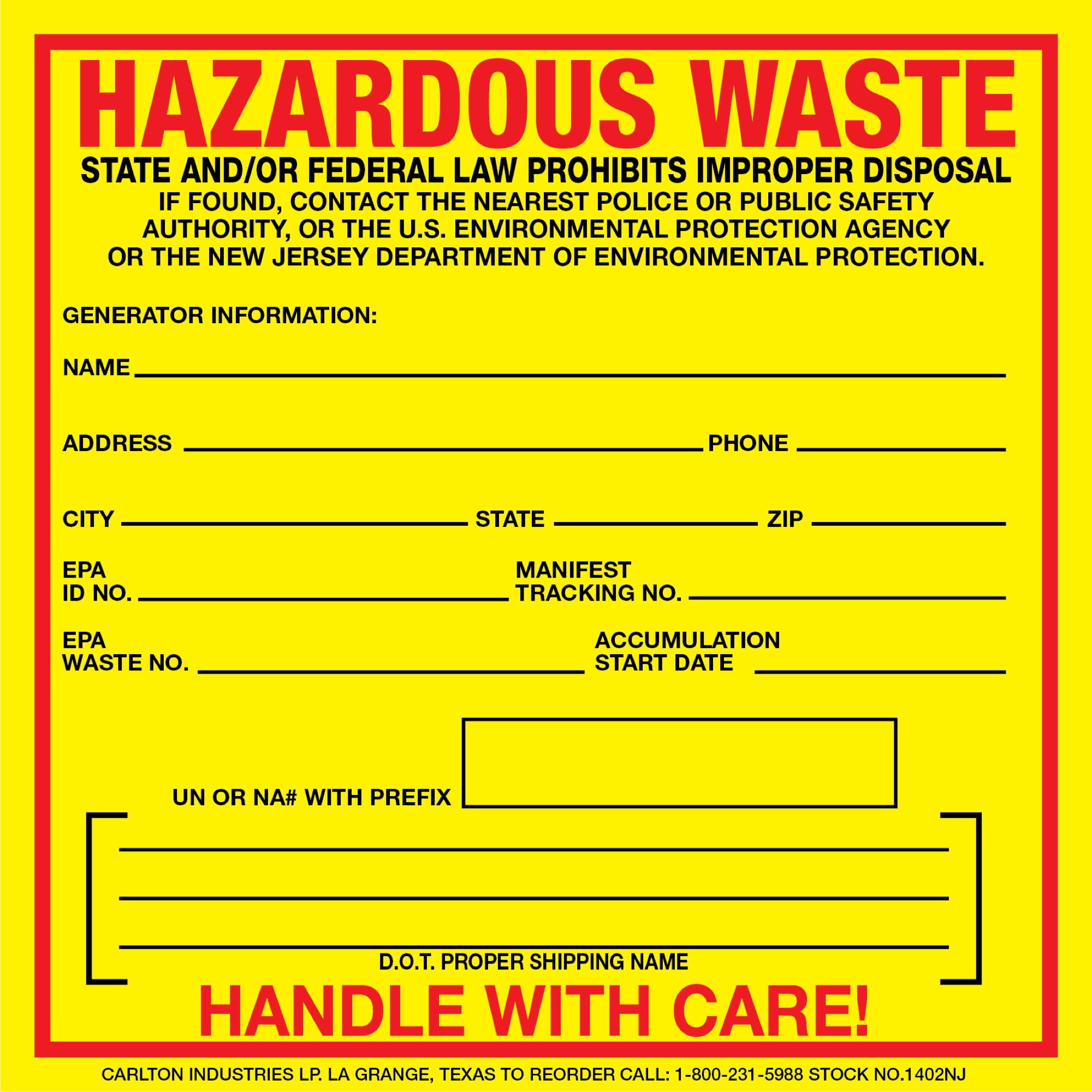 Exterior Hazmat Decals - Hazardous Waste New Jersey State Regulated 6 X 6