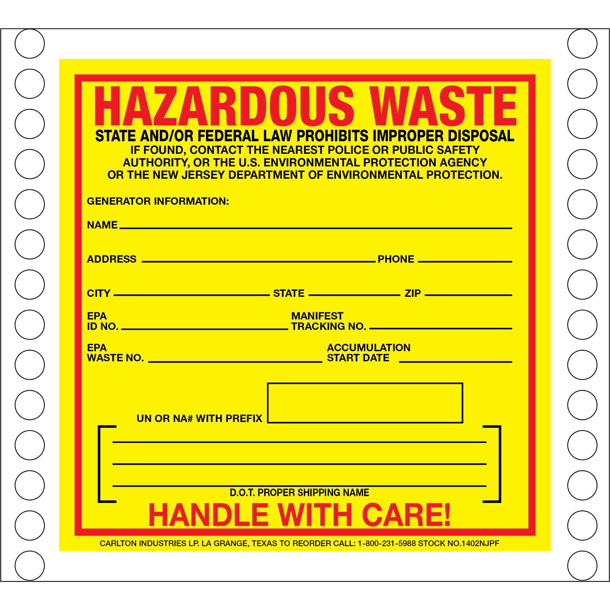 Custom Pin Fed HazMat Labels - Hazardous Waste New Jersey State ...