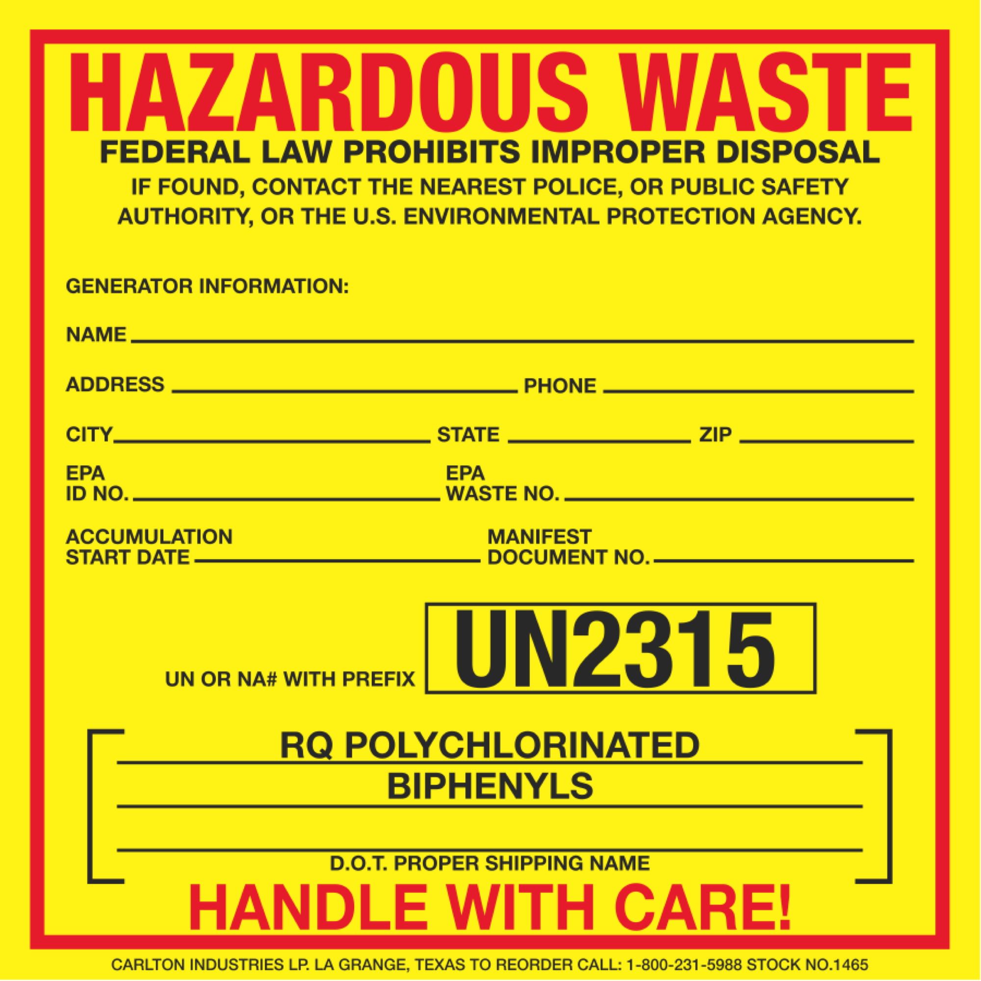 Custom Exterior HazMat Decals - Hazardous Waste RQ Polychlorinated ...