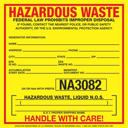 Custom Exterior HazMat Decals - Hazardous Waste, Liquid N.O.S. NA3082 6 ...